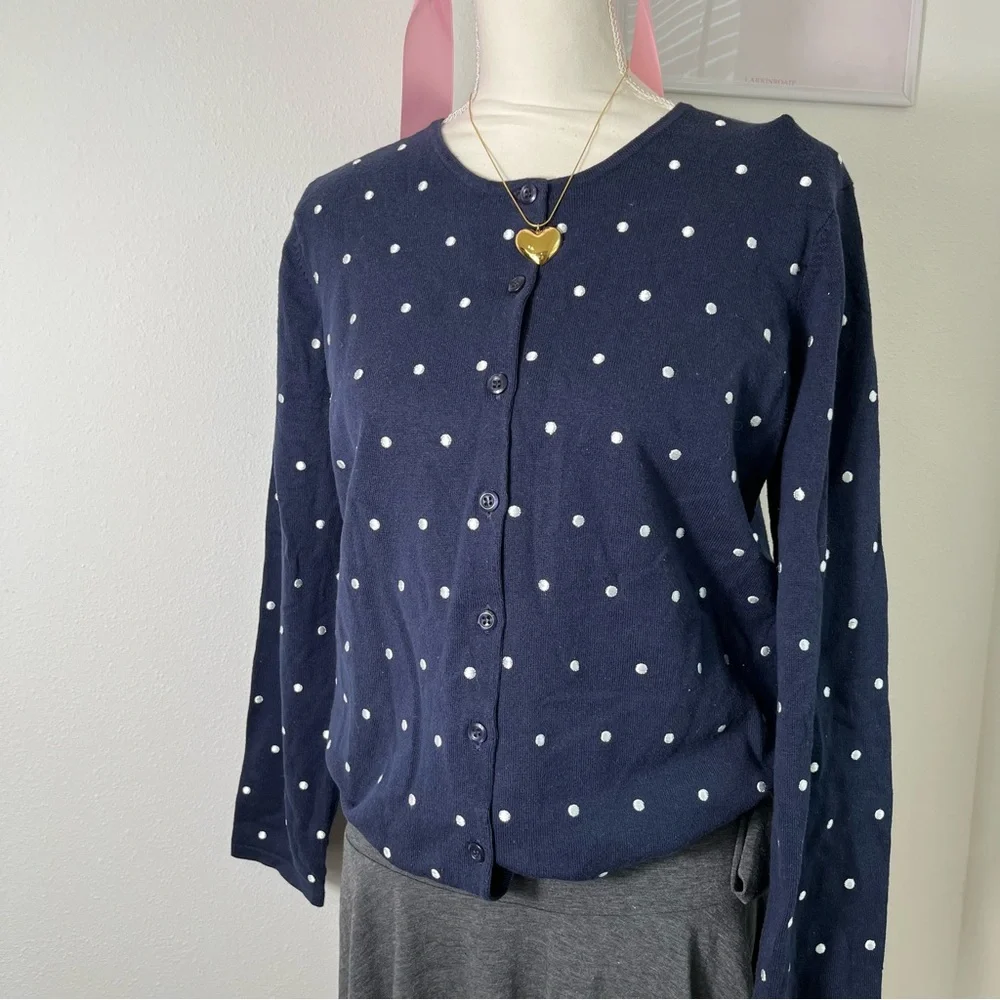 Orvis Vintage 90s Navy Blue White Polka Dot Button Cardigan Sweater Womens Large